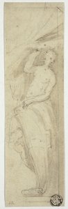 Vrouwelijke figuur trekt gordijn weg door William Etty