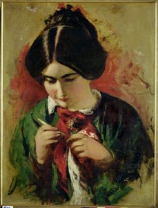 Studie voor de haakwerkster, Miss Mary Ann Purdon (olieverf op paneel) door William Etty