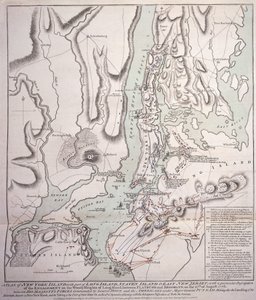 Plan van New York Island met een deel van Long Island, Staten Island en Oost New Jersey en het gevecht op de Woody Heights van Long Island tussen de Britse troepen onder bevel van generaal Sir William Howe door William Faden