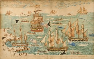 Een uitzicht op de oorlogsschepen op ontdekking naar Groenland door William Frankland