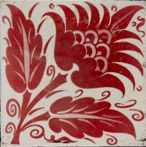 Tegel met gestileerde bloem met twee bladeren en ranken, 1882-1888 door William Frend De Morgan