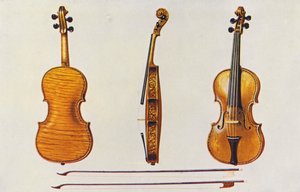 Muziekinstrumenten: Viool, de Hellier Stradivarius, en twee oude strijkstokken bekend om de fluitering