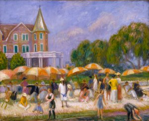 Strandparasols bij Blue Point door William Glackens