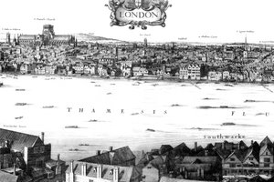 Uitzicht op Londen en de Theems vanaf South Bank, 17e eeuw, 1886
