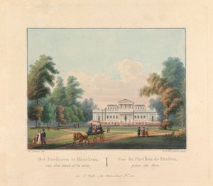Welgelegen: Uitzicht op het paviljoen van Haarlem genomen vanuit het bos