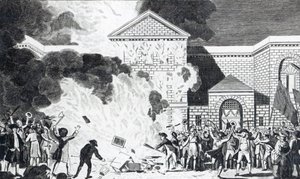 De verwoestingen veroorzaakt door de relschoppers van Londen die de nieuwe gevangenis van Newgate in brand steken en het meubilair van Mr. Akerman verbranden, 6 juni 1780, gegraveerd door T. Thornton