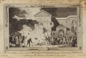 De verwoestingen veroorzaakt door de relschoppers van Londen die de nieuwe gevangenis van Newgate in brand staken door William Hamilton