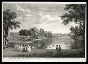 Uitzicht op het Meer vanaf het Middenpad in de tuin van West Wycombe, Buckinghamshire, gegraveerd door William Woollett