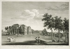 Uitzicht op het huis en een deel van de tuin in West Wycombe, Buckinghamshire, gegraveerd door William Woollett