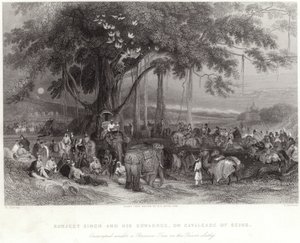 Runjeet Singh en zijn suwarree gekampeerd onder de banianboom aan de rivier Sulley door William Harvey