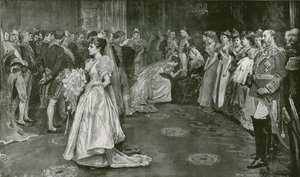 De ontvangstruimte van Hare Majesteit in Buckingham Palace, het moment van presentatie door William Hatherell