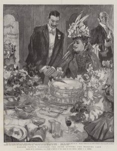Het Huwelijk van Madame Patti, de Bruid snijdt de Bruidstaart aan door William Hatherell