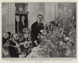 De heer Chamberlain in de stad, antwoordend aan de Lord Mayor tijdens de lunch in het Mansion House