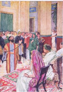 Paulus voor Agrippa, uit Het Bijbelverhaal uitgegeven door Hodder & Stoughton, ca. 1930 (kleur litho) door William Hatherell