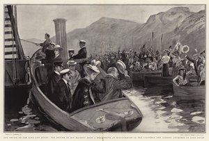 De cruise van de koning en koningin, de terugkeer van Zijne Majesteit van een hertenjacht bij Kinlochmore naar de Victoria en Albert, voor anker in Loch Leven