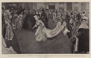 Het kostuumbal van de hertogin van Devonshire, de processie van gasten die buigen voor de koninklijke groep in de witte en gouden salon, 1897