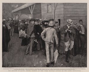 De Engelsen in Egypte, kaartjes kopen bij het Pari Mutuel-kantoor op de renbaan van Caïro door William Hatherell