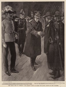 Het Bezoek van de Koning aan Duitsland, Zijne Majesteit gaat aan boord van het Koninklijk Jacht in Port Victoria door William Hatherell