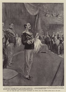 De nieuwe koning van Italië, Zijne Majesteit houdt zijn toespraak vanaf de troon na het afleggen van de eed door William Hatherell