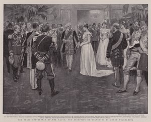 De Vredesconferentie in Den Haag, de ontvangst van afgevaardigden door koningin Wilhelmina door William Hatherell