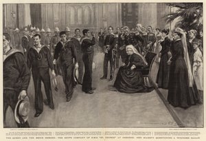 De Koningin en de Benin Helden, de Bemanning van H.M.S. St George bij Osborne, Hare Majesteit ondervraagt een Gewonde Zeeman door William Hatherell