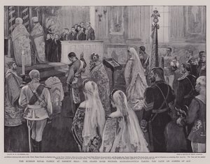 De Russische koninklijke familie in Zarskoe Selo, de grootvorst Michael Alexandrovitch legt de eed af bij het bereiken van de meerderjarigheid door William Hatherell