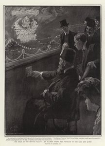 De sjah in het Crystal Palace, Zijne Majesteit schiet op de portretten van de koning en koningin door William Hatherell