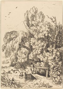Landschap met Bomen, Meisje Overstekend Voetbrug door William Havell