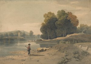 Rivierscène met Jongen en Schapen door William Havell
