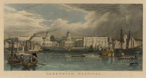 Koninklijk bezoek aan Greenwich Hospital (Engeland), met een zeilschip, een stoomboot, passagiersschuiten, roeiboten op de Theems door William Havell
