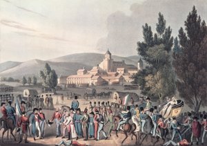 Slag bij Vittoria, 1813, gevangenen binnenbrengen, geëtst door I. Clarke, geaquarelleerd door M. DuBourg