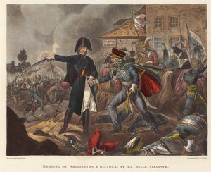 Ontmoeting van Wellington en Blücher bij La Belle Alliance, aquatint door Joseph Constantine Stadler, 1818