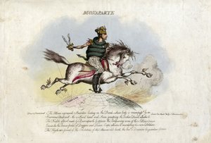 Napoleon galoppeert op Ambition, een paard met vleugels aan zijn voeten over de wereldbol