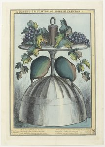 Omgekeerde coupe met kurk, druiven en ranken op de voet en peren aan de steel