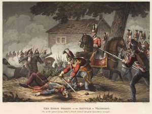 De Horse Guards bij de Slag om Waterloo, een van de officieren doodt een Franse kolonel en snijdt triomfantelijk zijn epaulet af, gegraveerd door M. Dubourg, 1819 door William Heath