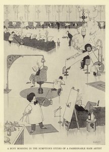Een drukke ochtend in de weelderige studio van een modieuze haarartiest door William Heath Robinson