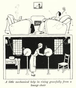 Een beetje mechanische hulp om gracieus op te staan uit een loungestoel door William Heath Robinson
