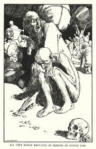 Allen zeer druk bezig met het zoeken naar roestige spelden (litho) door William Heath Robinson