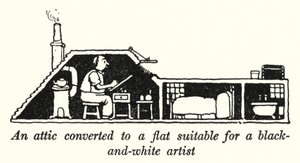 Een zolder omgebouwd tot een flat geschikt voor een zwart-wit kunstenaar door William Heath Robinson