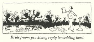 Bruidegom oefent antwoord op bruiloftstoespraak door William Heath Robinson
