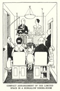 Compacte indeling van de beperkte ruimte in een bungalow-eetkamer door William Heath Robinson