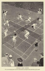 Dubbel kruis tennis, voor ruimtebesparing in lokale toernooien en het oppeppen van het spel door William Heath Robinson