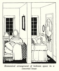 Economische Indeling van Slaapkamer Ruimte in een Omgebouwd Huis (litho) door William Heath Robinson