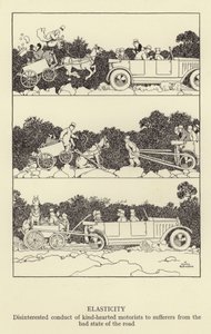 Elasticiteit, onbaatzuchtig gedrag van goedhartige automobilisten voor slachtoffers van de slechte staat van de weg door William Heath Robinson
