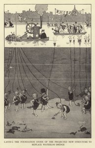 Het leggen van de eerste steen van de geplande nieuwe structuur ter vervanging van de Waterloo Bridge door William Heath Robinson