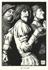 Laten we teruggaan (litho) door William Heath Robinson