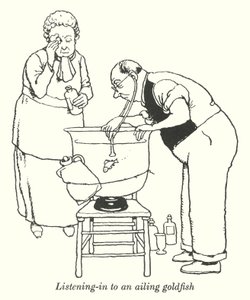 Luisteren naar een zieke goudvis door William Heath Robinson