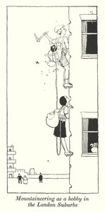 Bergbeklimmen als hobby in de Londense buitenwijken (litho) door William Heath Robinson