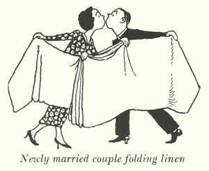 Pasgetrouwd stel vouwt linnengoed door William Heath Robinson