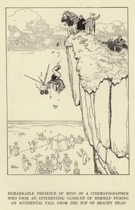 Opmerkelijke tegenwoordigheid van geest van een cinematograaf die een interessante close-up van zichzelf maakte tijdens een toevallige val van de top van Beachy Head door William Heath Robinson